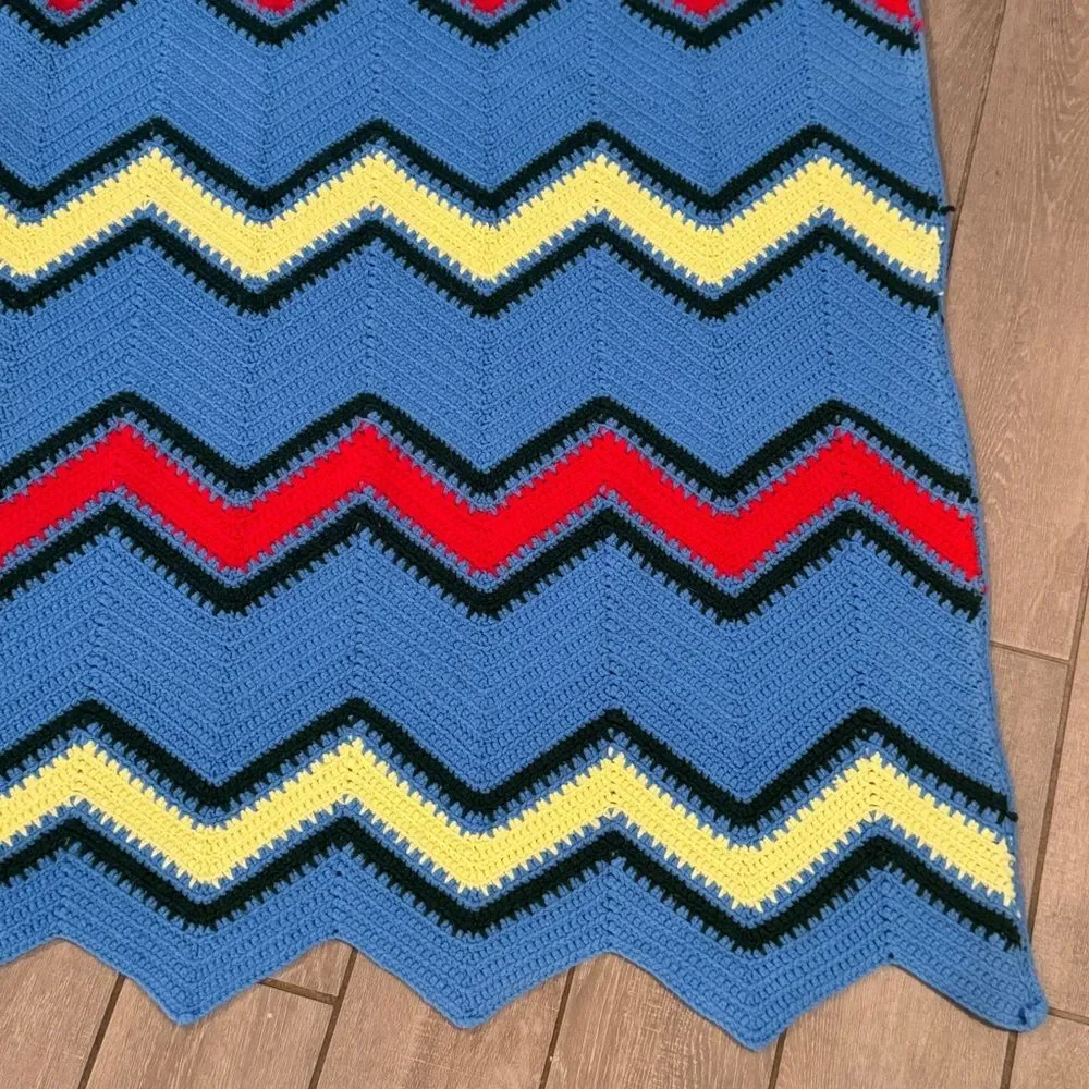 Blue Red Yellow Chevron Afghan Throw Blanket Handmade 55x52